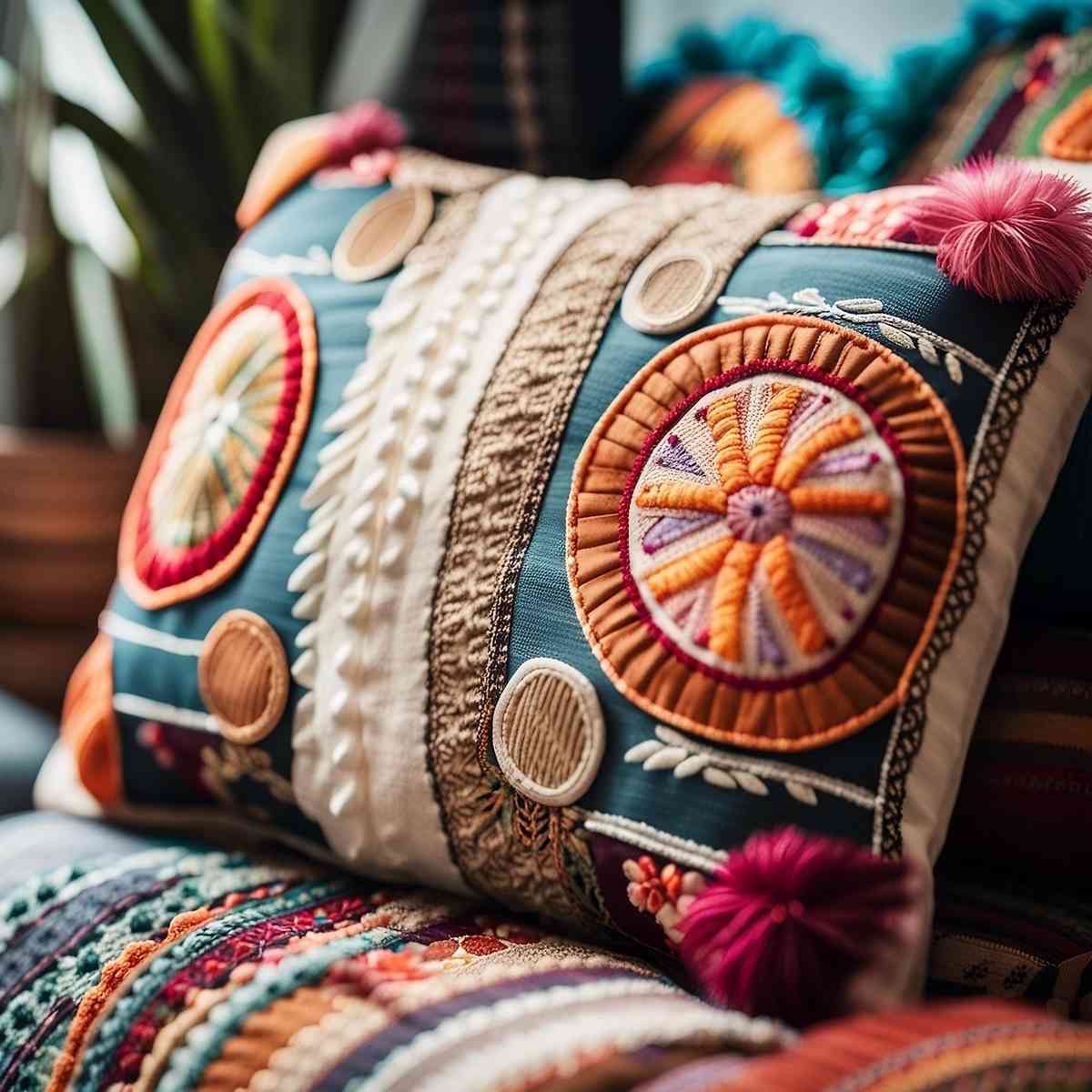 Coussin de canapé posé sur un tissu, prêt à être recoupé